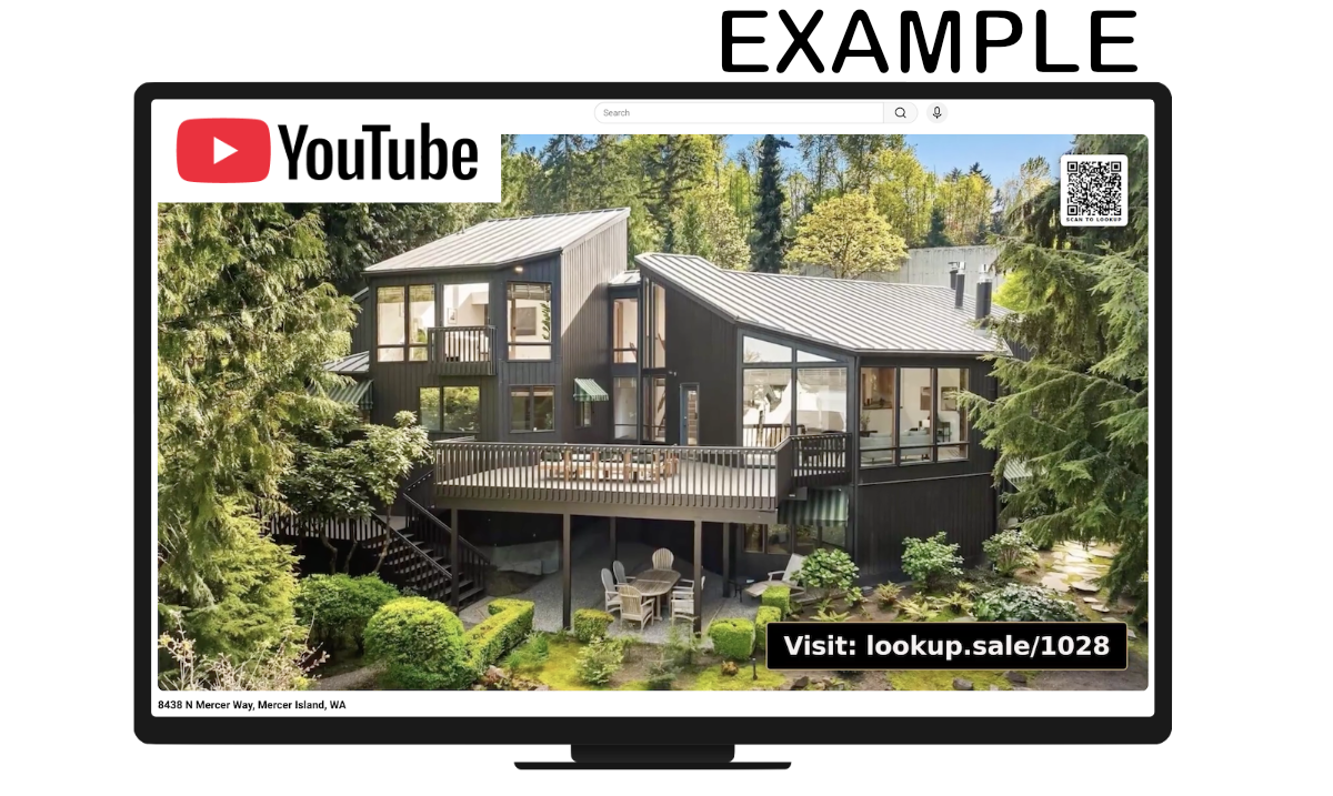 A property tour video on YouTube with a 'Visit: lookup.sale/1028' overlay in the bottom-right corner and a small 'SCAN TO LOOKUP' QR code in the top-right corner.